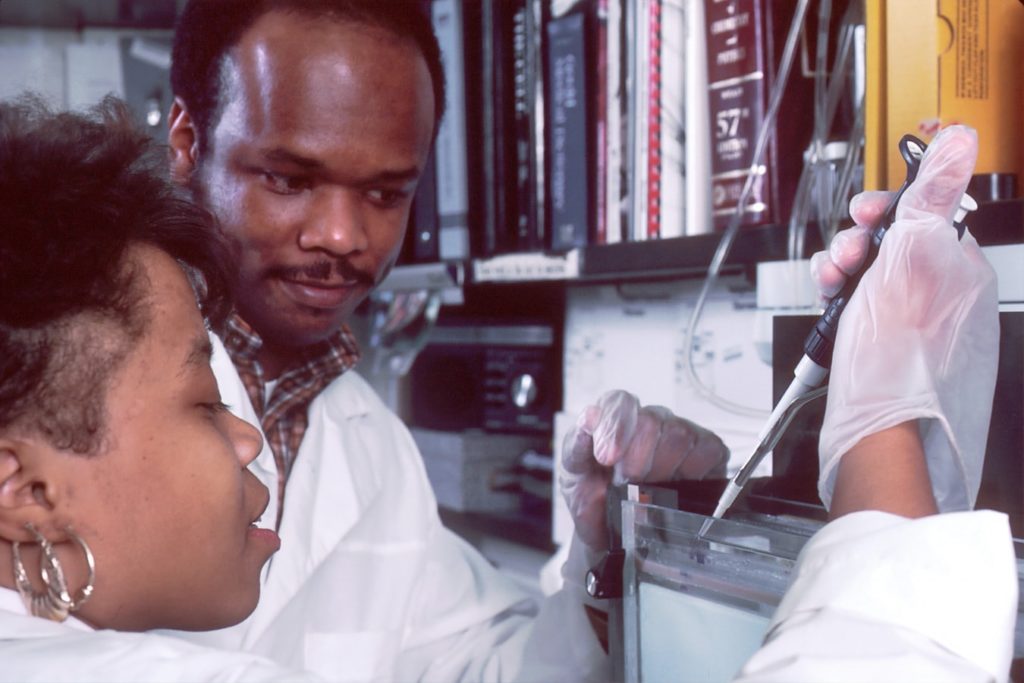 Phlebotomists studying blood sample