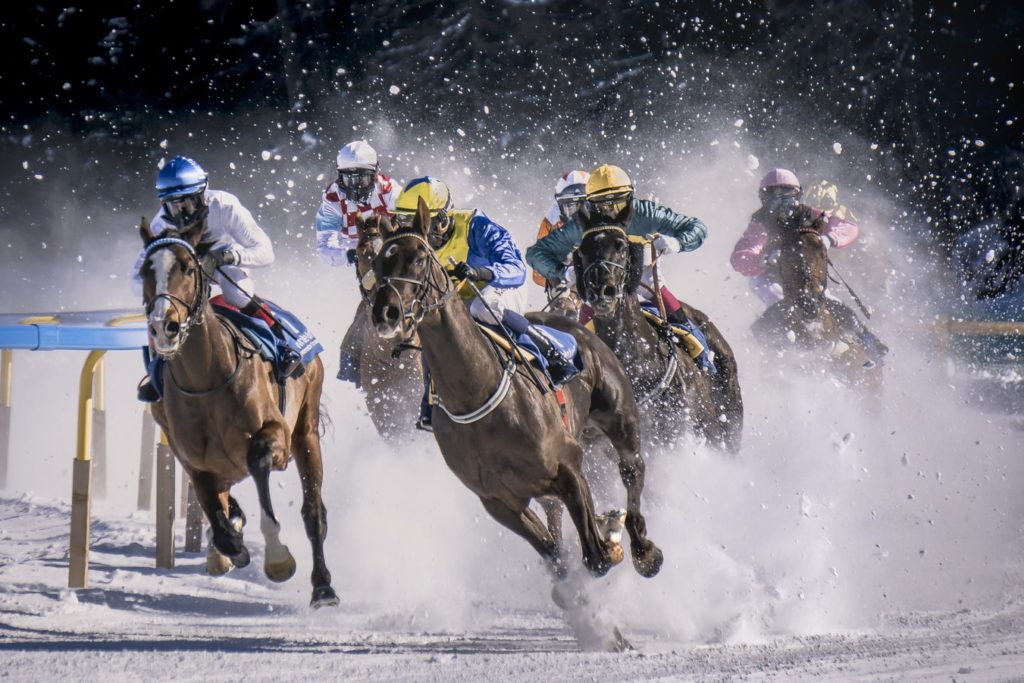 Horses and jockeys heading into a turn during a race