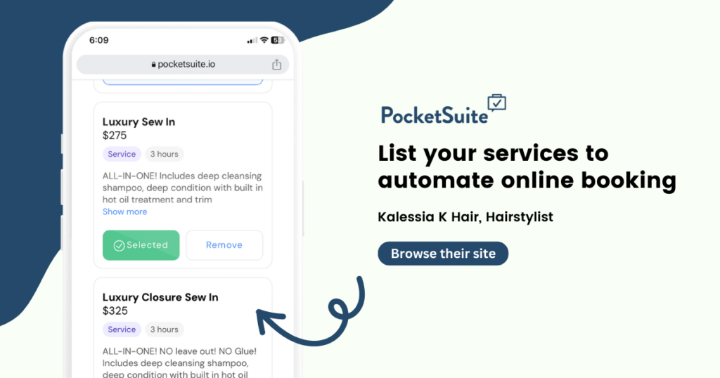 Pocketsuite salon booking software , kalessia k hair hairstylists booking page